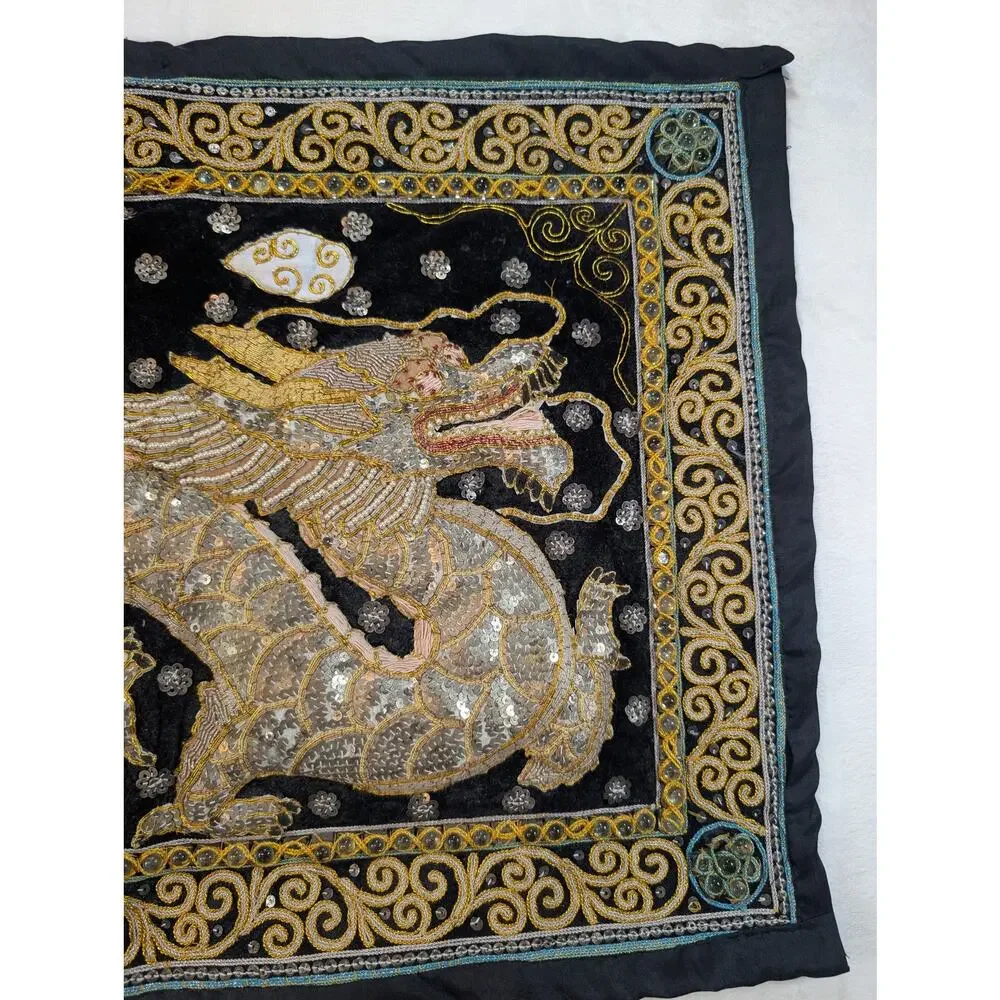 Vintage Burmese (Myanmar) Kalaga Style Beaded & Sequined Dragon Tapestry